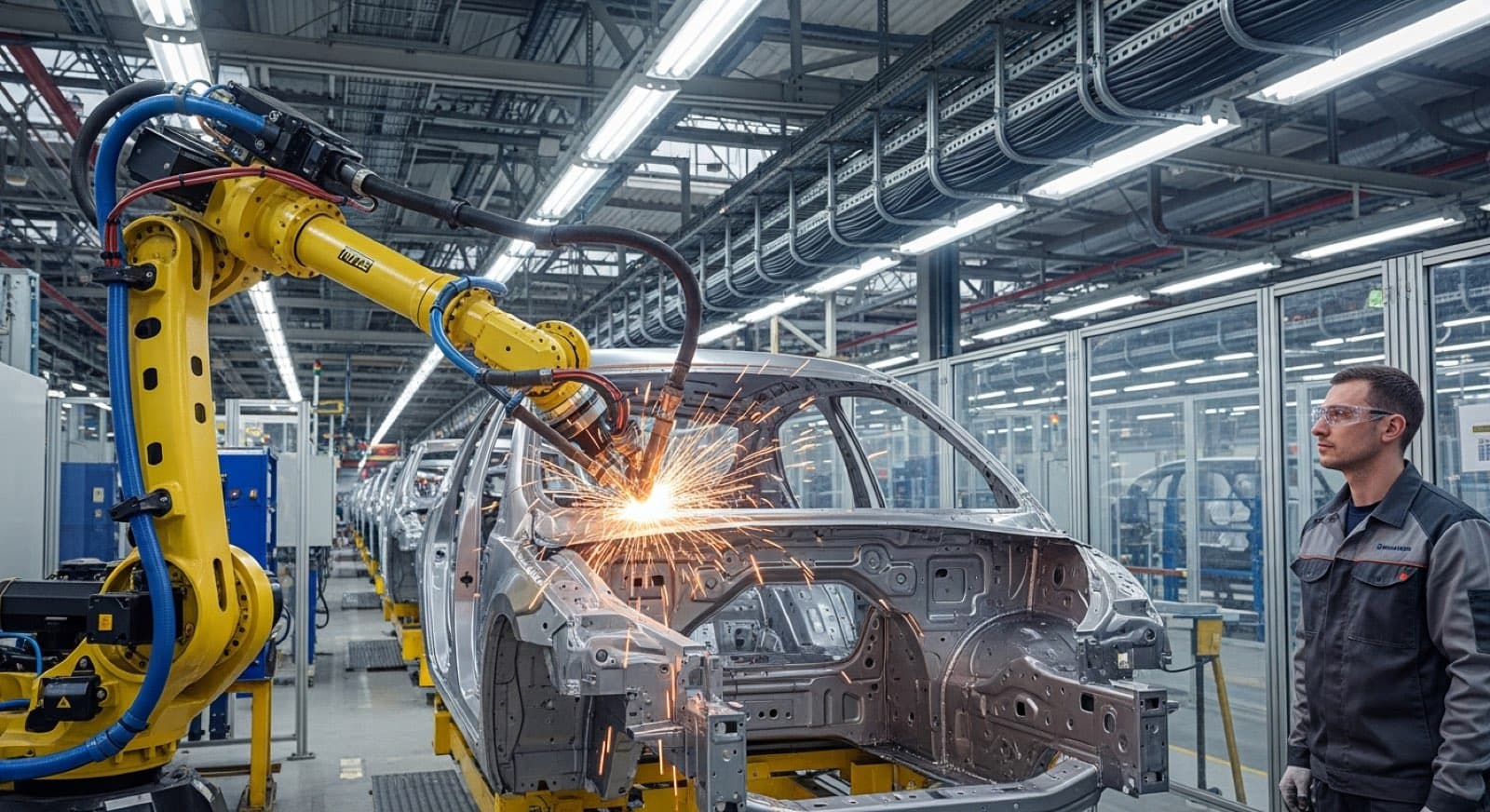 Industrial robot arm welding a car body on an automotive production line, with a factory worker looking on