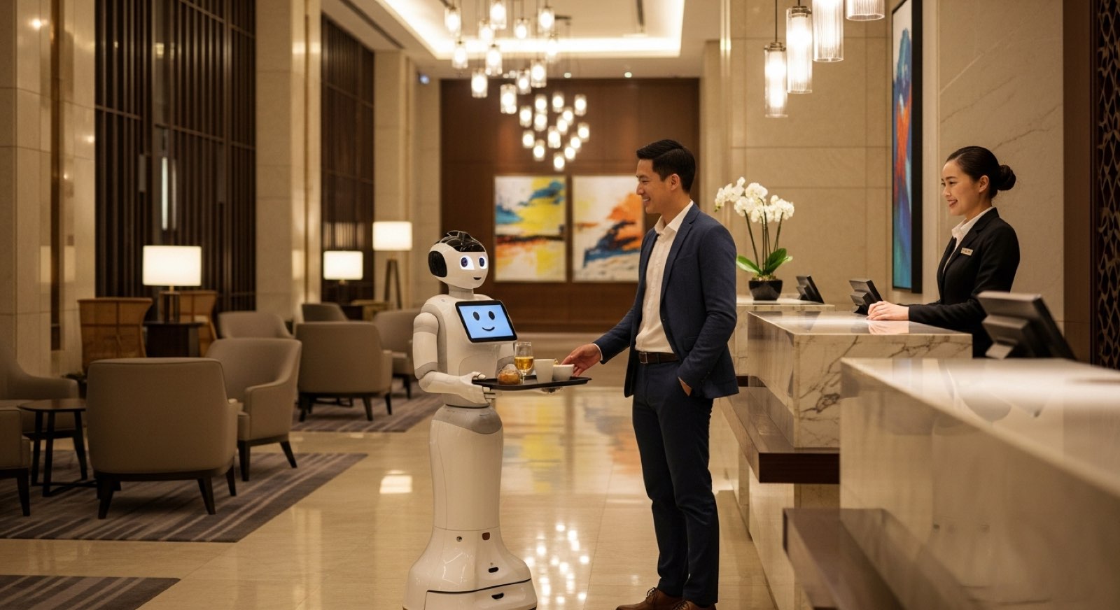Guest-facing robots that deliver, greet and assist from breakfast to last orders.